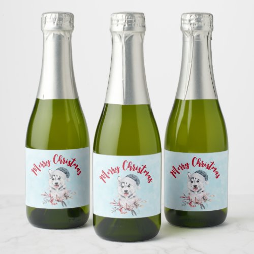 Christmas Husky Dog in a Santa Hat Sparkling Wine Label