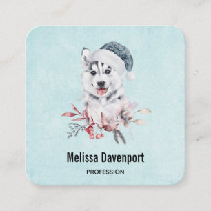 Christmas Husky Dog in a Santa Hat Square Business Card