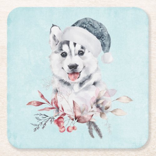 Christmas Husky Dog in a Santa Hat Square Paper Coaster
