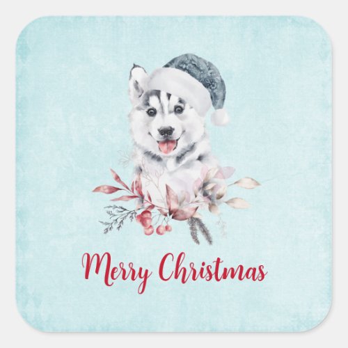 Christmas Husky Dog in a Santa Hat Square Sticker