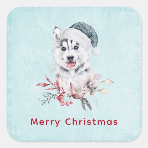 Christmas Husky Dog in a Santa Hat Square Sticker