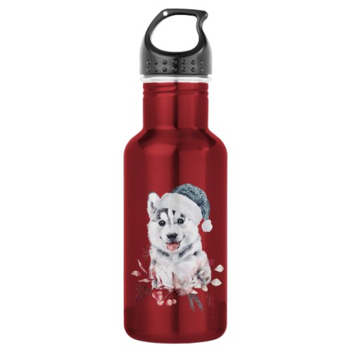 Christmas Husky Dog in a Santa Hat Stainless Steel Water Bottle