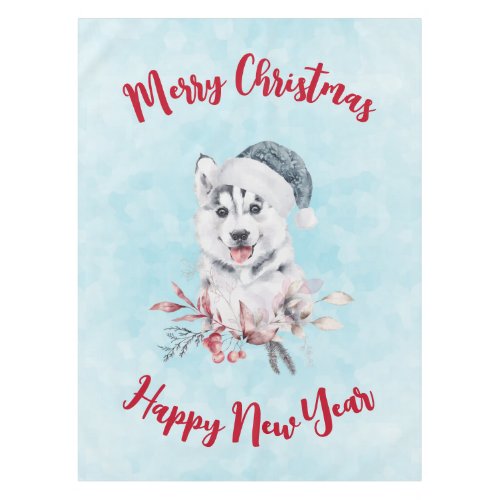 Christmas Husky Dog in a Santa Hat Tablecloth