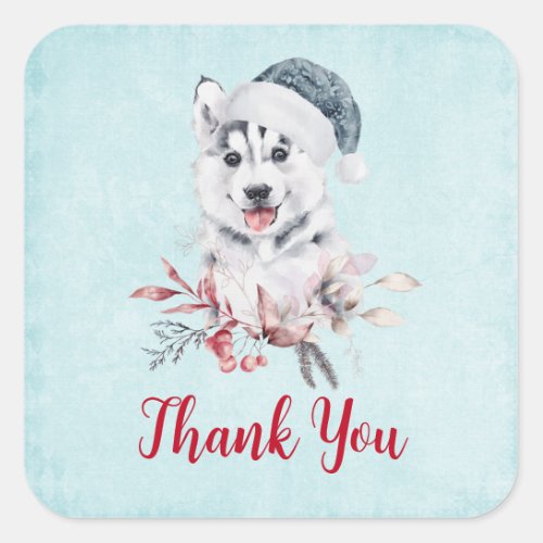 Christmas Husky Dog in a Santa Hat Thank You Square Sticker