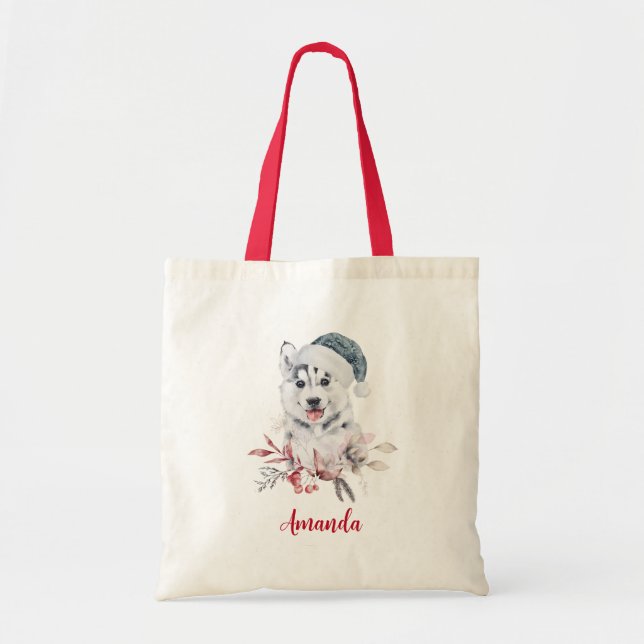 Christmas Husky Dog in a Santa Hat Tote Bag (Front)