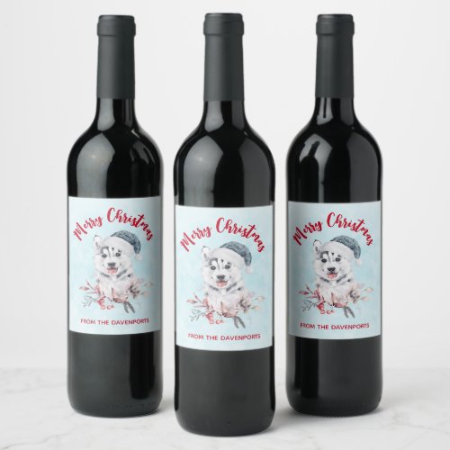 Christmas Husky Dog in a Santa Hat Wine Label