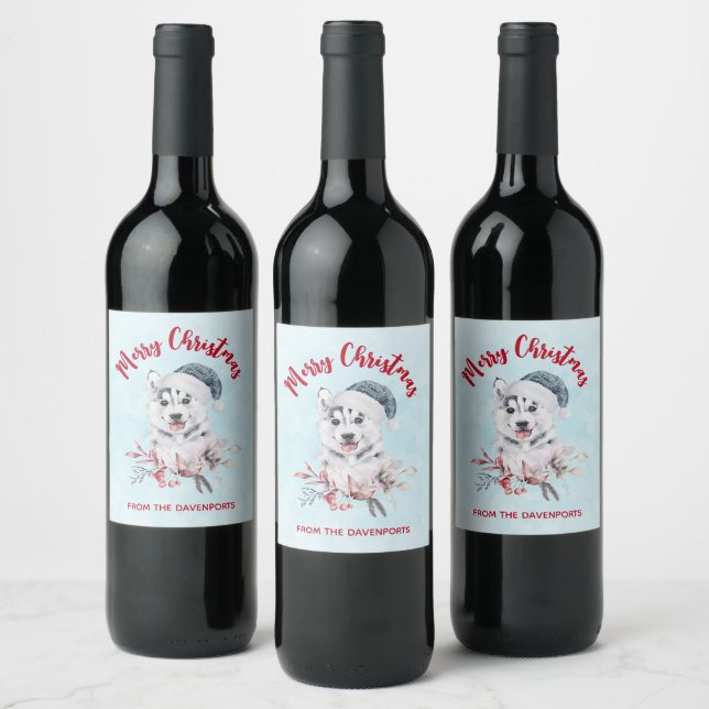 Christmas Husky Dog in a Santa Hat Wine Label (Bottles)