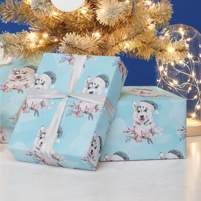 Christmas Husky Dog in a Santa Hat Wrapping Paper (Holidays)