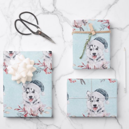 Christmas Husky Dog in a Santa Hat Wrapping Paper Sheets