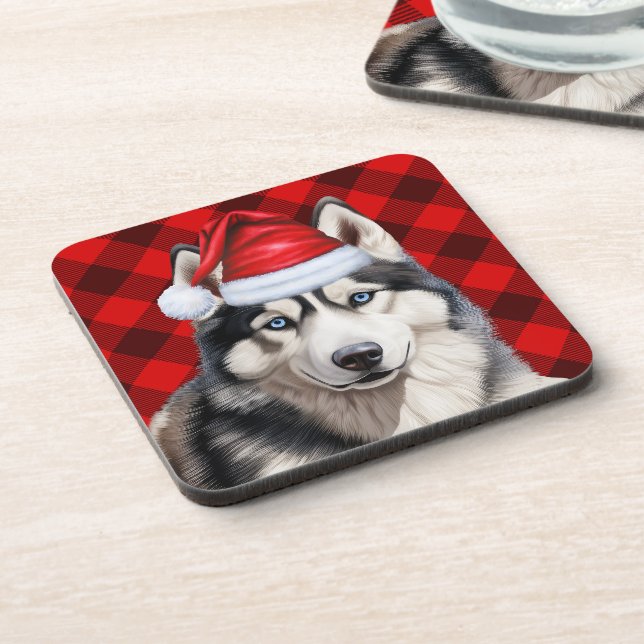 Christmas Husky Dog Red Buffalo Plaid Holiday Beverage Coaster (Left Side)