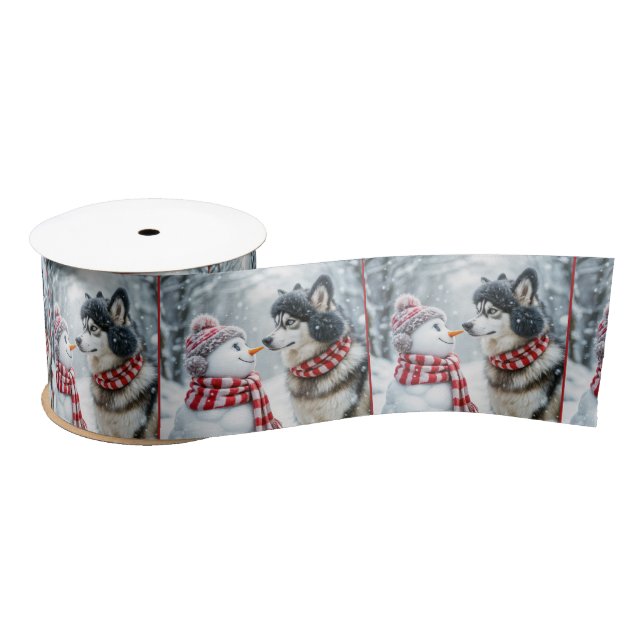 Christmas Husky Dog With Snowman Satin Ribbon (Spool)