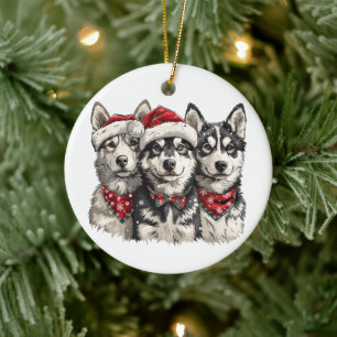 Christmas Husky Dogs Ceramic Ornament