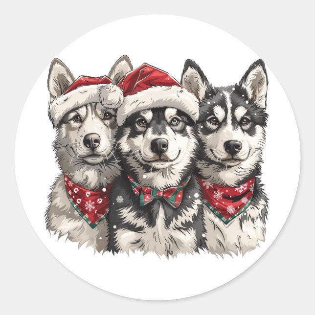 Christmas Husky Dogs Classic Round Sticker (Front)