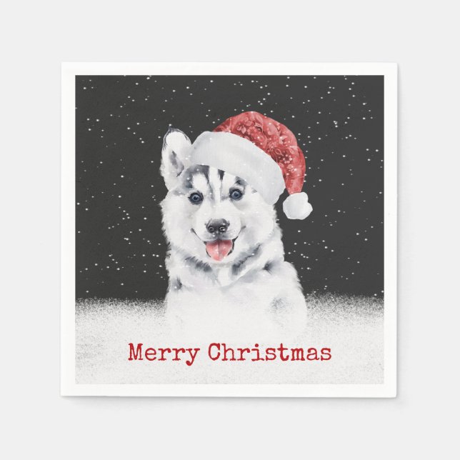 Christmas Husky In Snowflakes Card Paper Plate Napkins (Front)