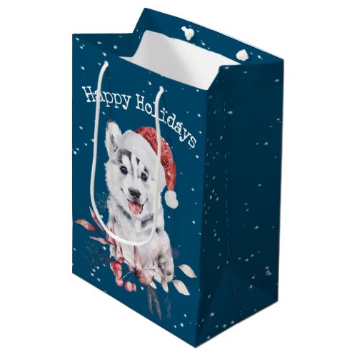 Christmas Husky On Blue Medium Gift Bag