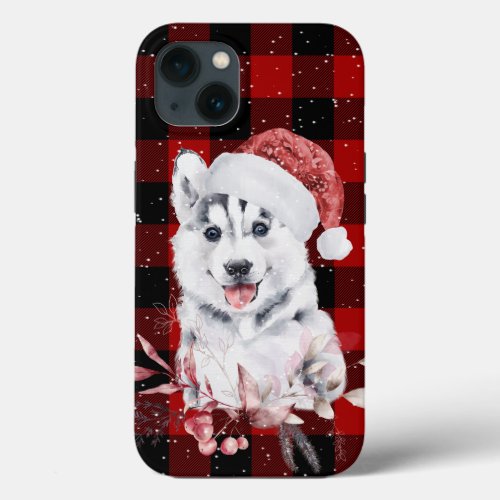 Christmas Husky On Buffalo Plaid iPhone 13 Case