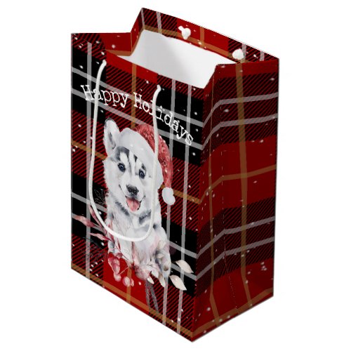 Christmas Husky On Buffalo Plaid  Medium Gift Bag