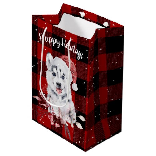 Christmas Husky On Buffalo Plaid  Medium Gift Bag