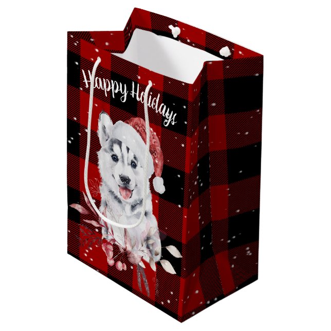 Christmas Husky On Buffalo Plaid  Medium Gift Bag (Front Angled)