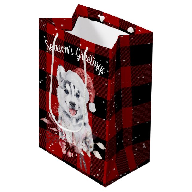 Christmas Husky On Buffalo Plaid  Medium Gift Bag (Front Angled)