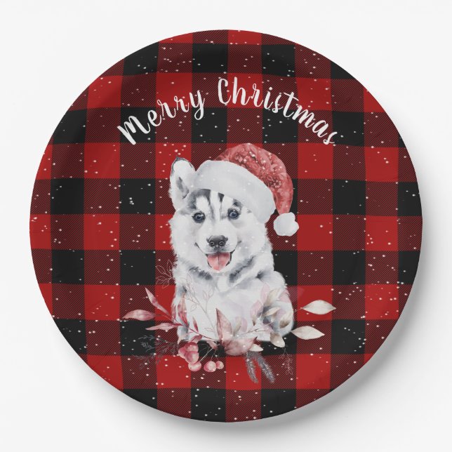 Christmas Husky On Buffalo Plaid  Paper Plates (Front)