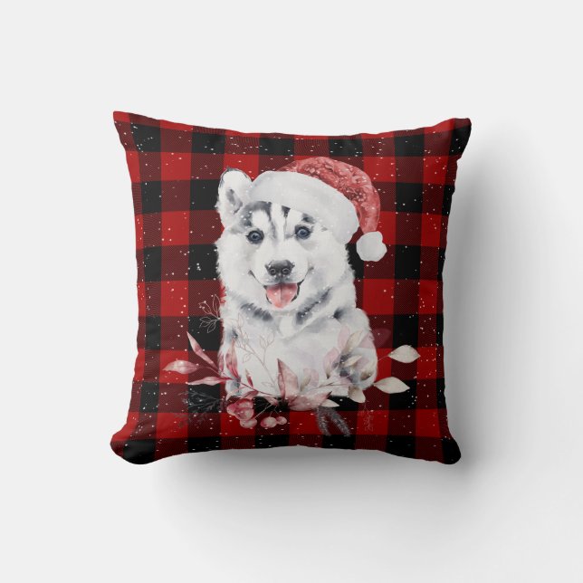 Christmas Husky On Buffalo Plaid   Throw Pillow (Front)