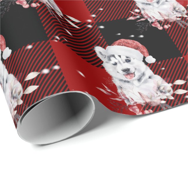 Christmas Husky On Buffalo Plaid Wrapping Paper (Roll Corner)