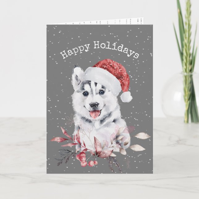 Christmas Husky On Gray Card (Front)