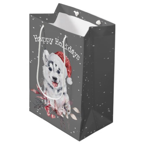 Christmas Husky On Gray Medium Gift Bag