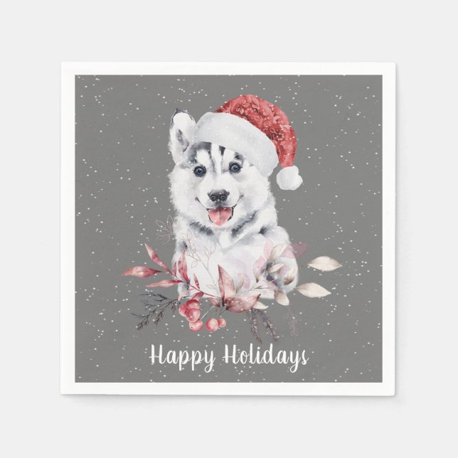 Christmas Husky On Gray Napkins (Front)