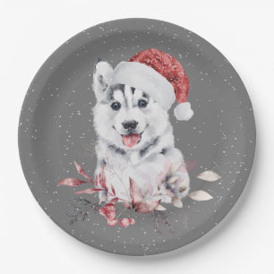 Christmas Husky On Gray  Paper Plates