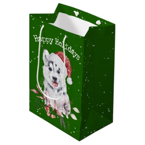 Christmas Husky On Green Medium Gift Bag