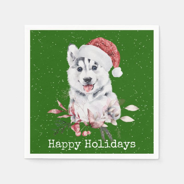 Christmas Husky On Green  Napkins (Front)