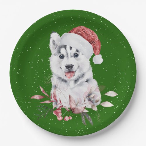 Christmas Husky On Green  Paper Plates