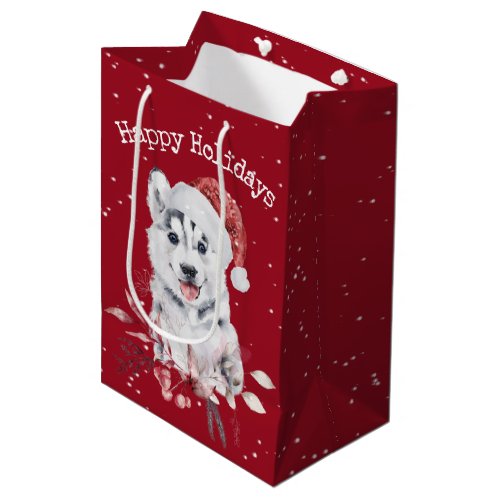 Christmas Husky On Red Medium Gift Bag
