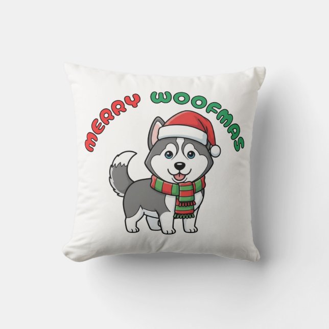 Christmas Husky Pillow: Merry Woofmas Throw Pillow (Front)