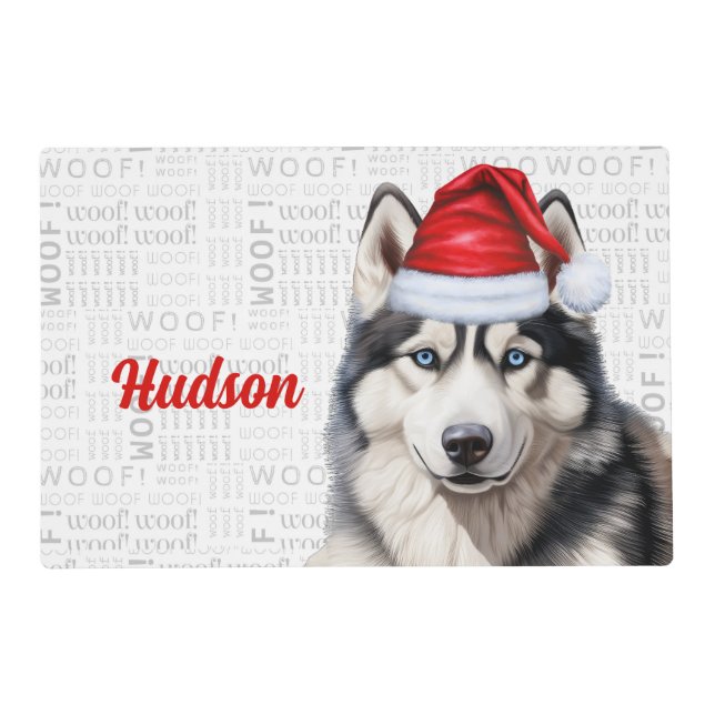 Christmas Husky with Dog's Name Pet Dinner Placemat (Front)