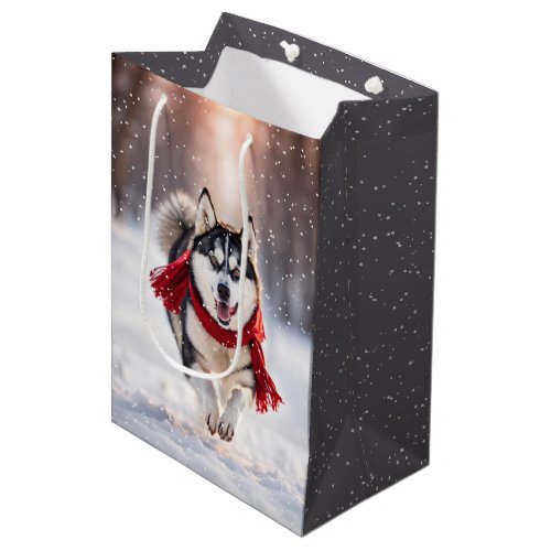 Christmas Husky With Red Scarf Medium Gift Bag