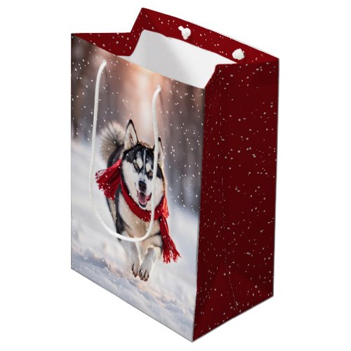 Christmas Husky With Red Scarf Medium Gift Bag