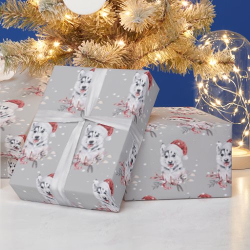 Christmas Husky With Santa Hat Wrapping Paper
