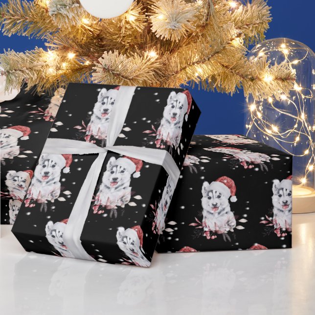 Christmas Husky With Santa Hat Wrapping Paper (Holidays)