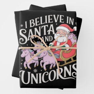 Christmas I Believe In Santa And Unicorns Xmas Wrapping Paper Sheets