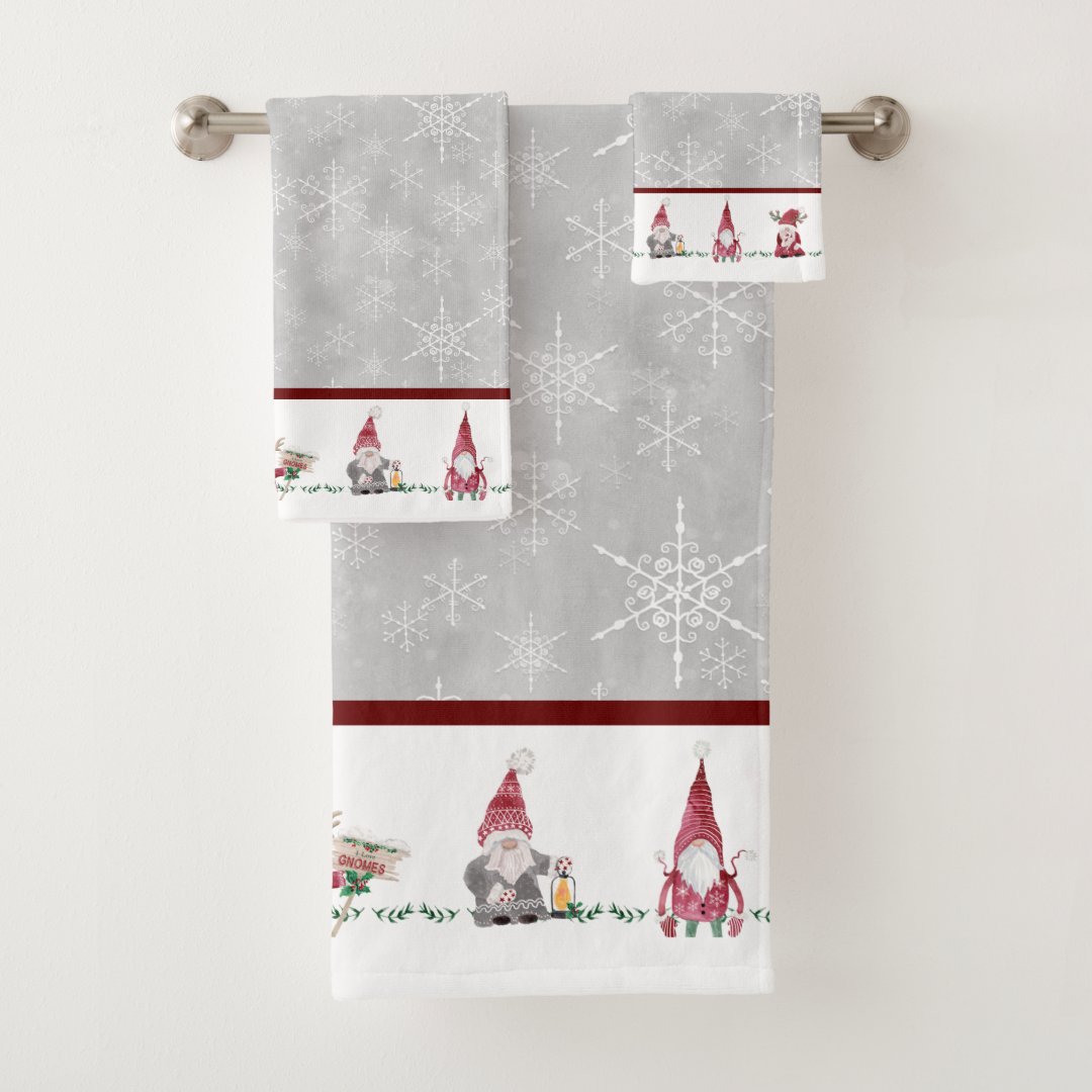Christmas I Love Gnomes Scandinavian Red Gray Bath Towel Set | Zazzle