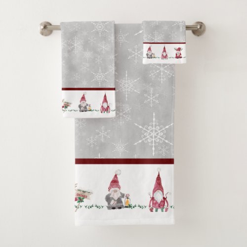 Christmas I Love Gnomes Scandinavian Red Gray Bath Towel Set