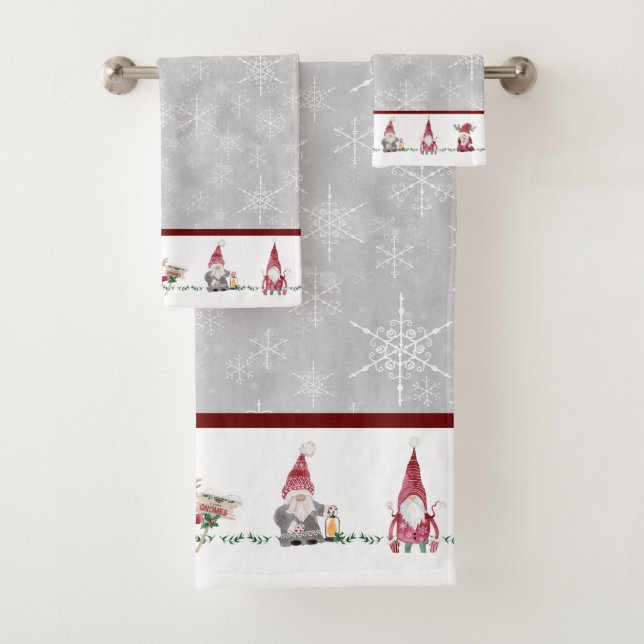 Christmas I Love Gnomes Scandinavian Red Gray Bath Towel Set (Insitu)