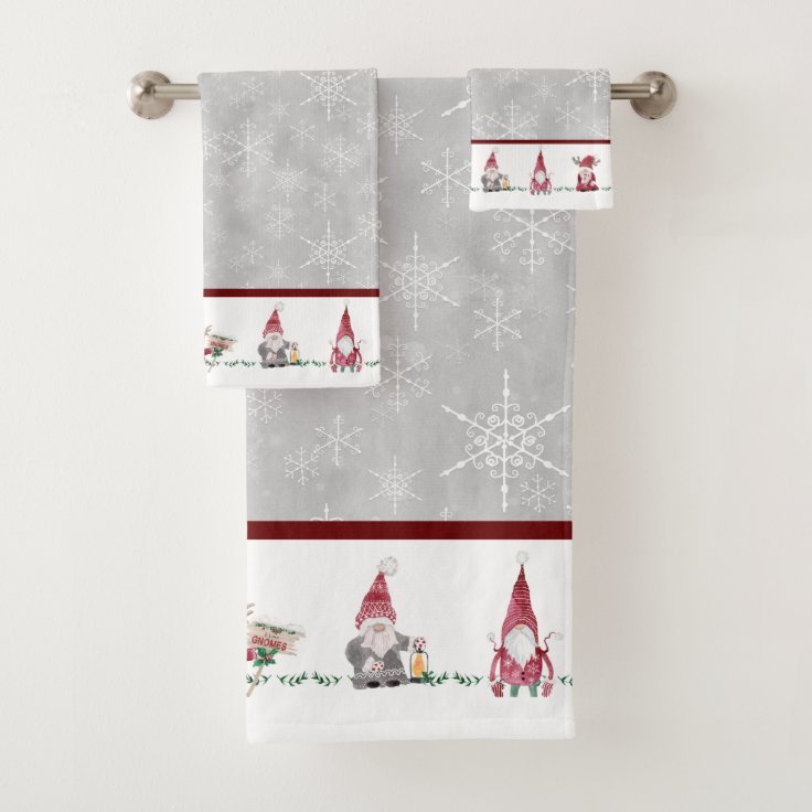 Christmas I Love Gnomes Scandinavian Red Gray Bath Towel Set Zazzle