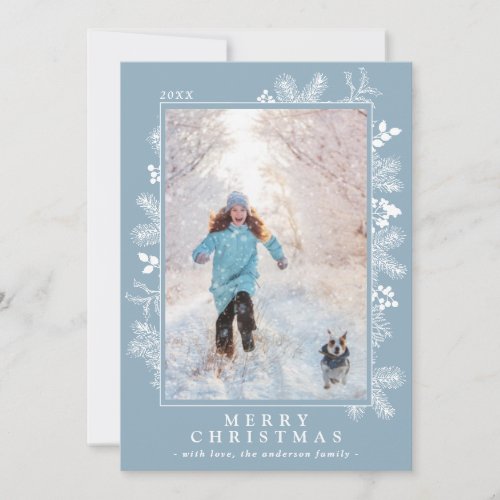 Christmas Ice Blue and White Botanical  Photo Holiday Card