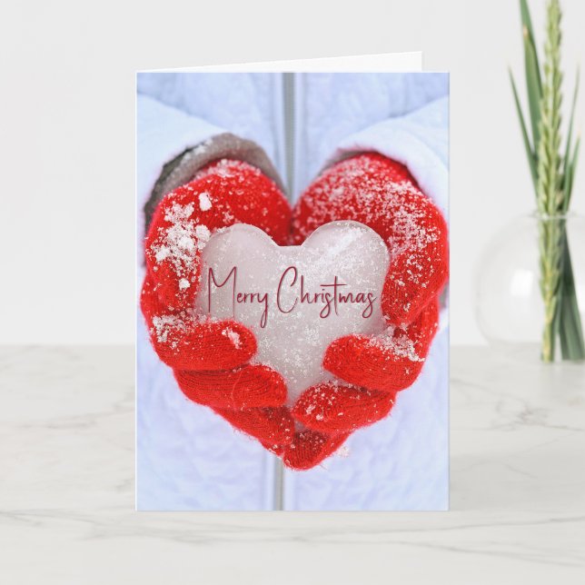 Christmas Ice Heart in Red Gloves Holiday Card (Front)
