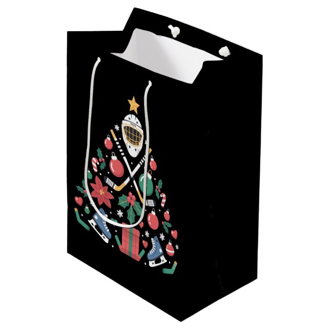 Christmas Ice Hockey Lover Tree Sports Team Medium Gift Bag (Front Angled)