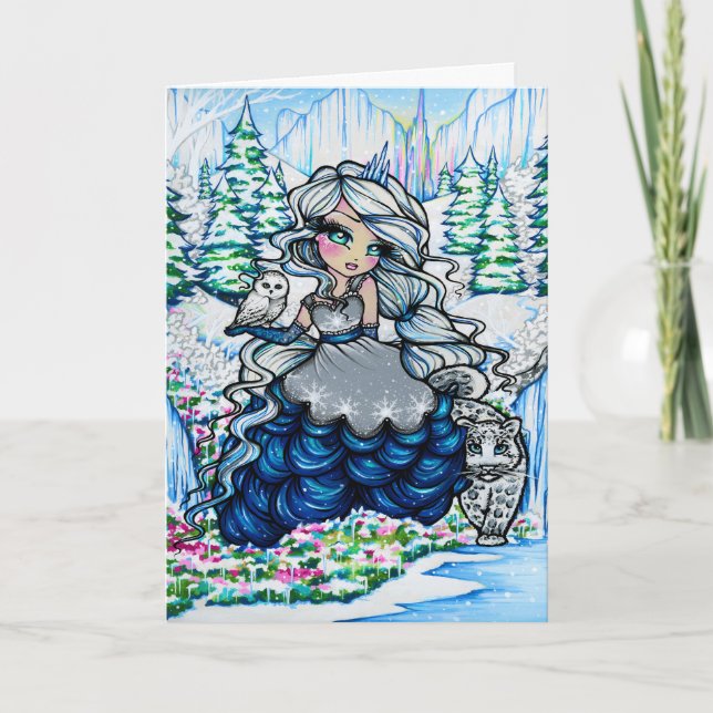 Christmas Ice Princess Snowy Owl Fantasy Art Card (Front)
